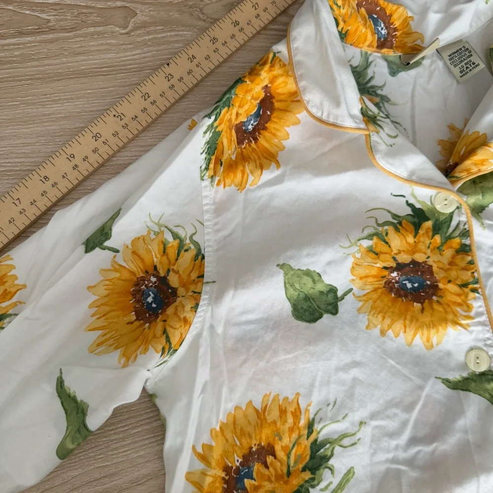 L.L. Bean Women’s‎ Large Sunflower Print PJ Shirt White Spring Floral Cottage